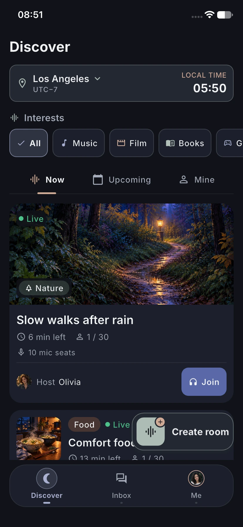 Nuvio Discover screen on iPhone showing the Los Angeles local time, interest filters and a live Nature room