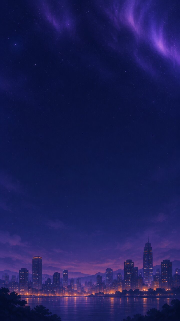A quiet city skyline lit after dark